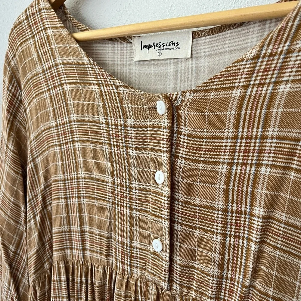 Impressions Tan Plaid Button-Up Dress - Picture 4 of 6